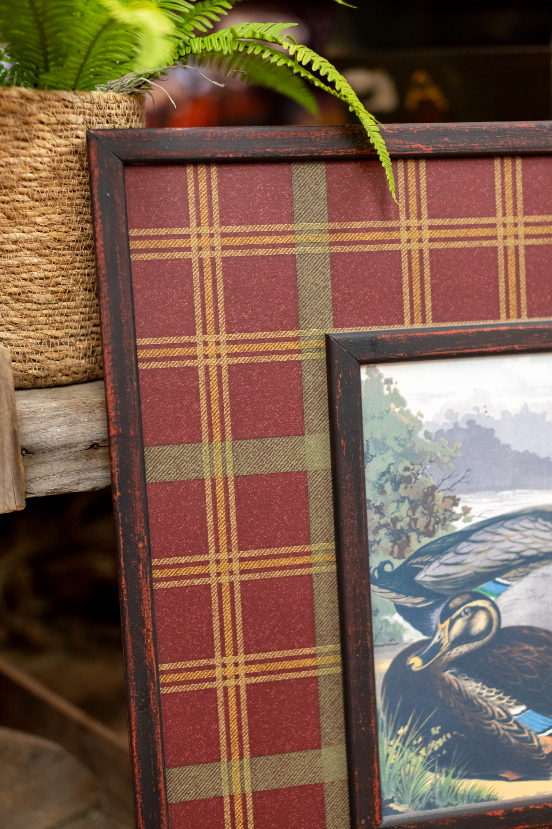 Framed Mallard Print on Plaid Heavy Board