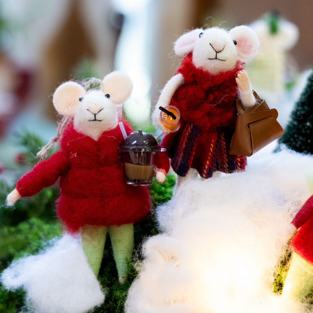 Felt Mouse with Red Scarf Plaid Skirt and Brown Purse Ornament