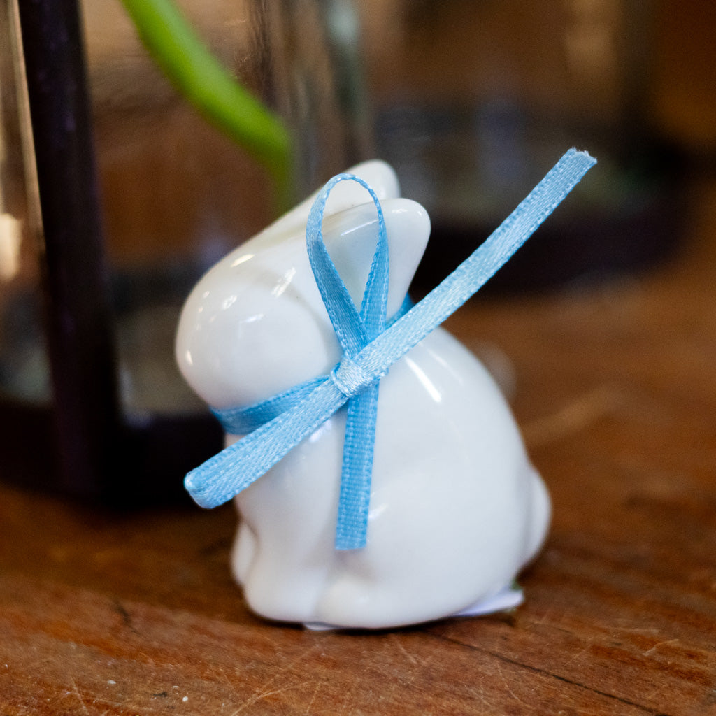 White Ceramic Baby Bunny with Blue Bow