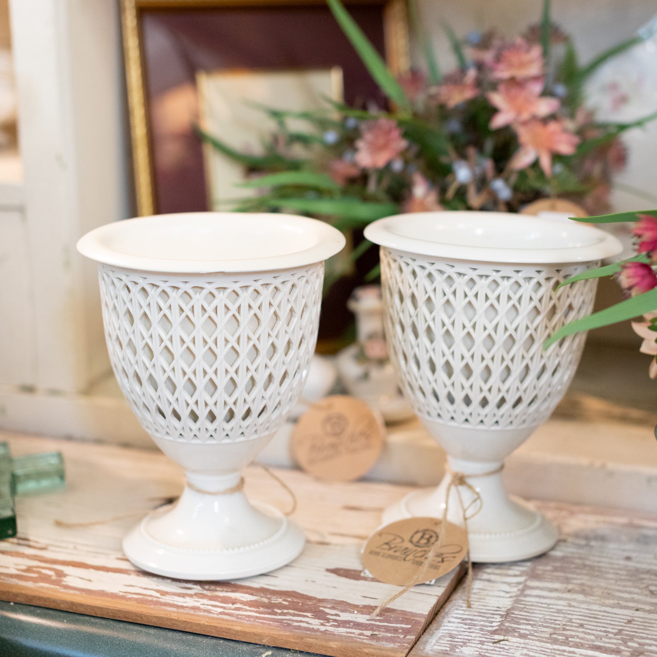 Set of 2 Antique KPM Berlin Schinkel Lattice Sugar Baskets