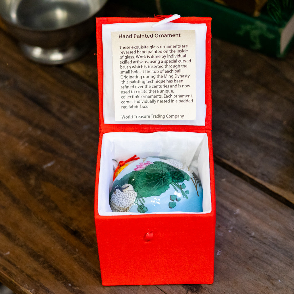 Hand Painted Wading Cranes with Pink Lotus Glass Ornament in Red Box