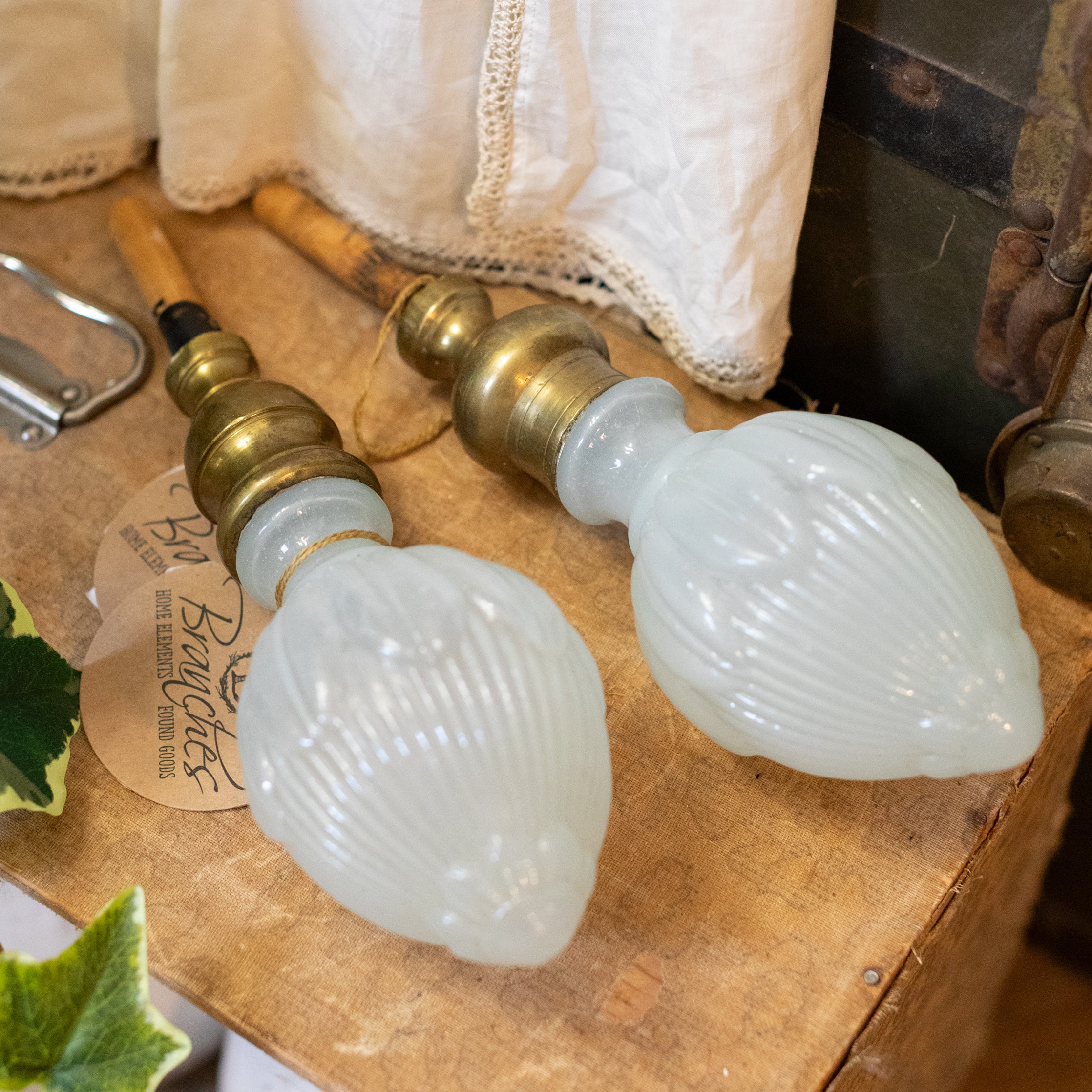 Set of 2 Antique Milk Glass & Brass Finials