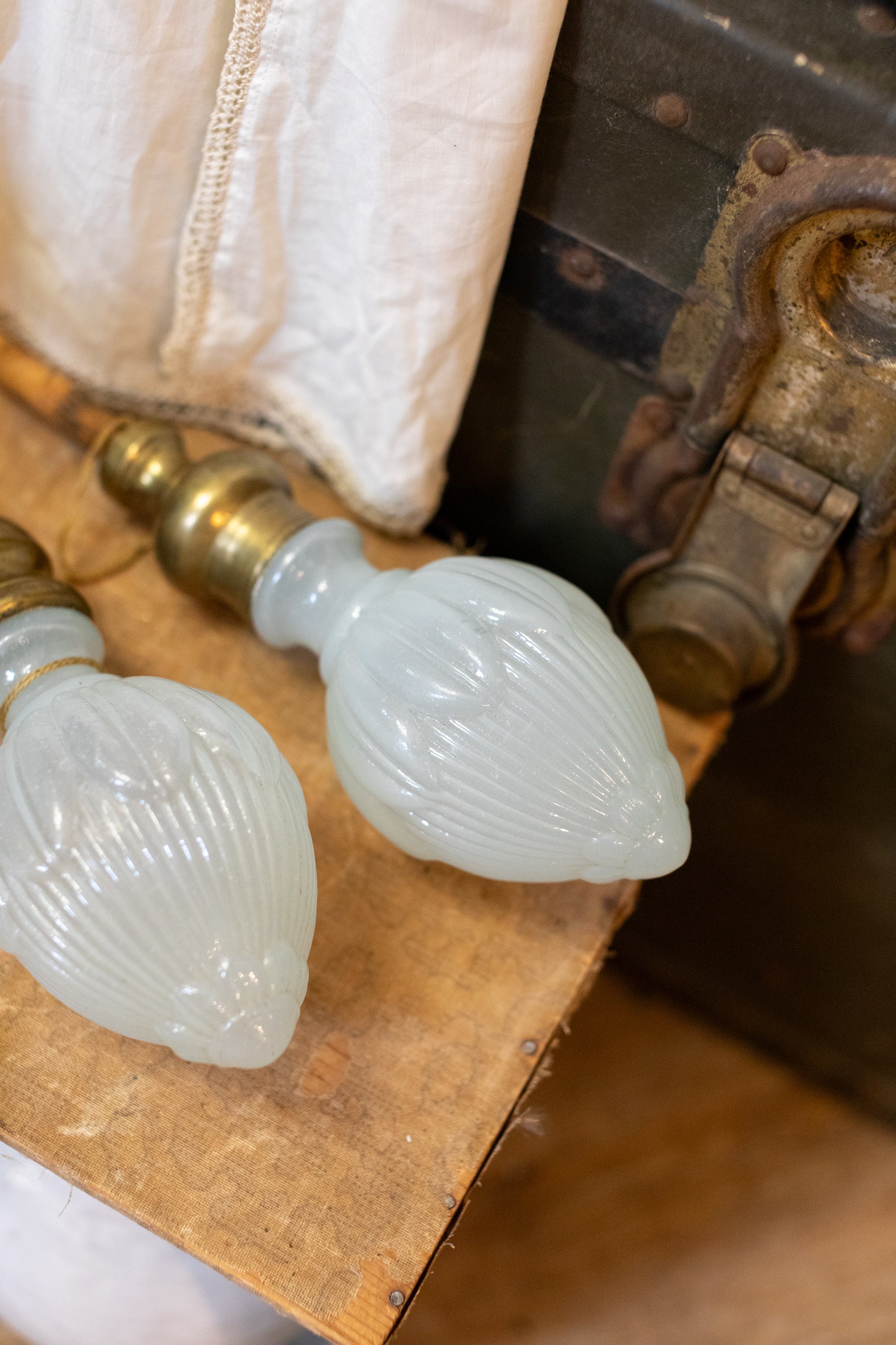 Set of 2 Antique Milk Glass & Brass Finials