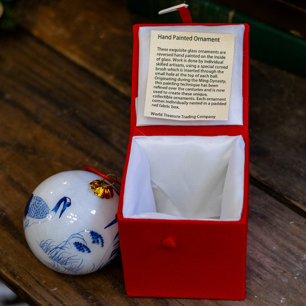 Hand Painted Blue Crane Glass Ornament in Red Box
