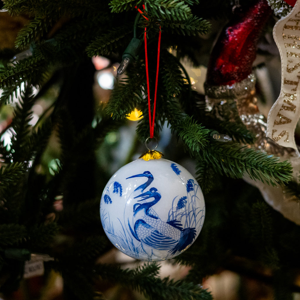 Hand Painted Blue Crane Glass Ornament in Red Box