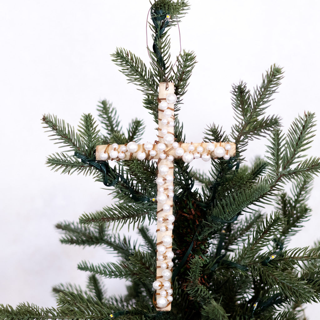 Metal Wire Cross with White Beads