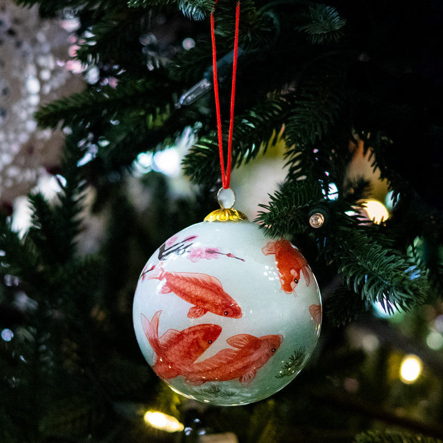Hand Painted Golden Koi and Cherry Blossoms Glass Ornament in Red Box