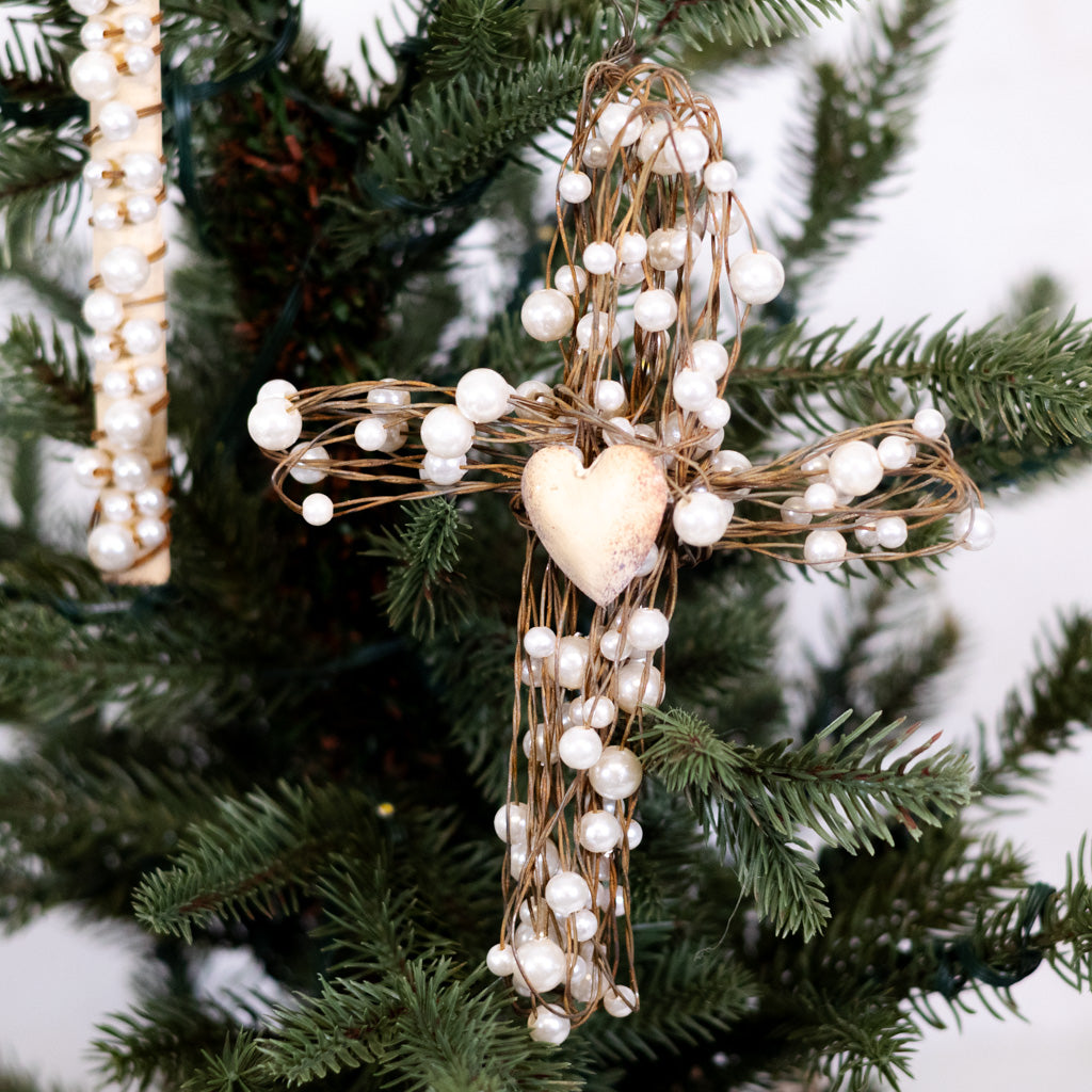 Metal Wire Cross with Beads and Heart