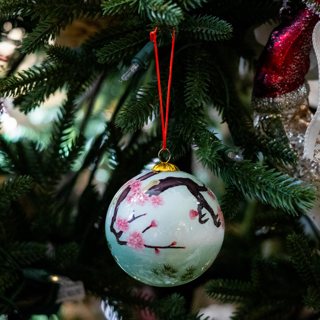 Hand Painted Golden Koi and Cherry Blossoms Glass Ornament in Red Box