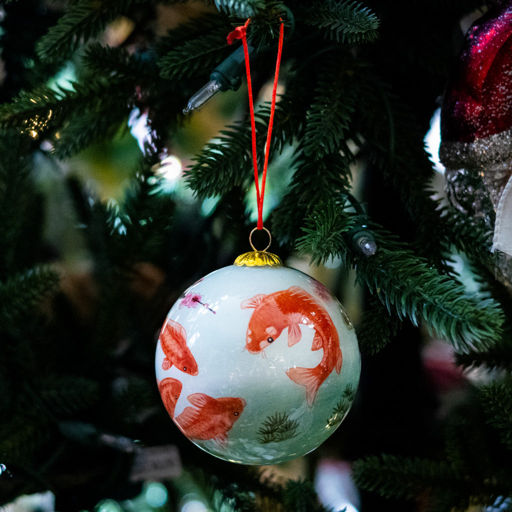 Hand Painted Golden Koi and Cherry Blossoms Glass Ornament in Red Box