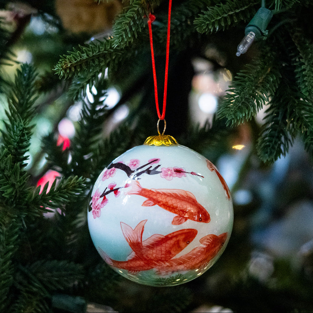 Hand Painted Golden Koi and Cherry Blossoms Glass Ornament in Red Box