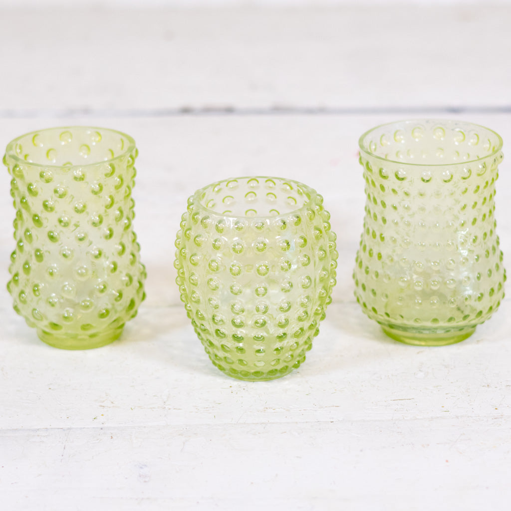 Iridescent Hobnail Green Glass Votive Small