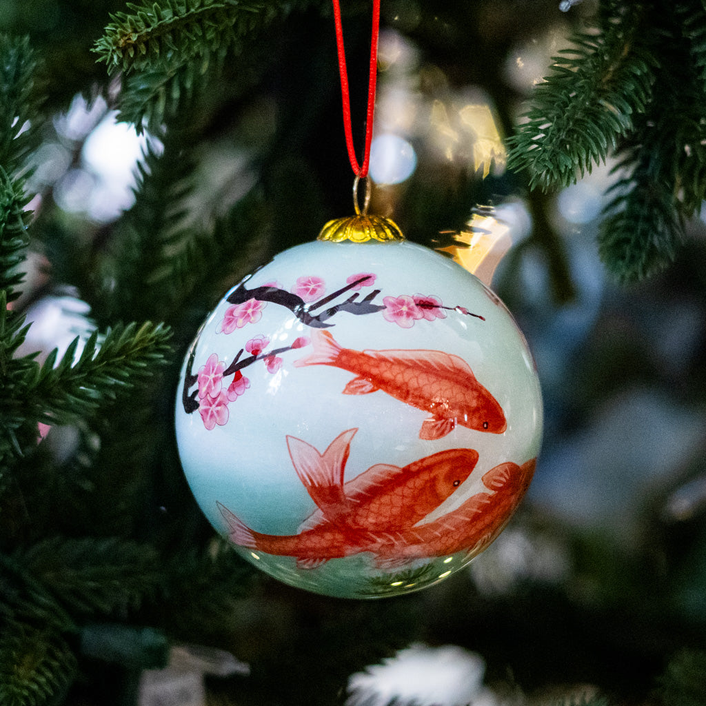 Hand Painted Golden Koi and Cherry Blossoms Glass Ornament in Red Box