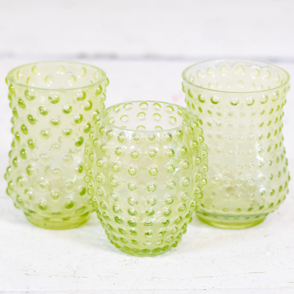 Iridescent Hobnail Green Glass Votive Small