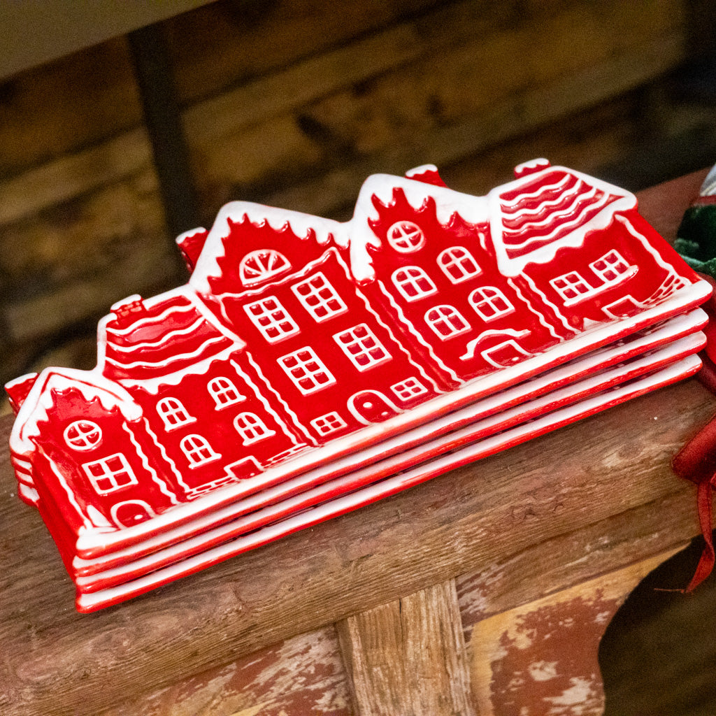 Ceramic Red White Street with Houses Platter