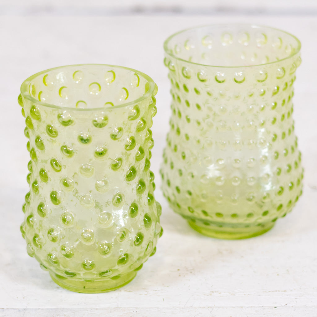 Iridescent Hobnail Green Glass Votive Tall