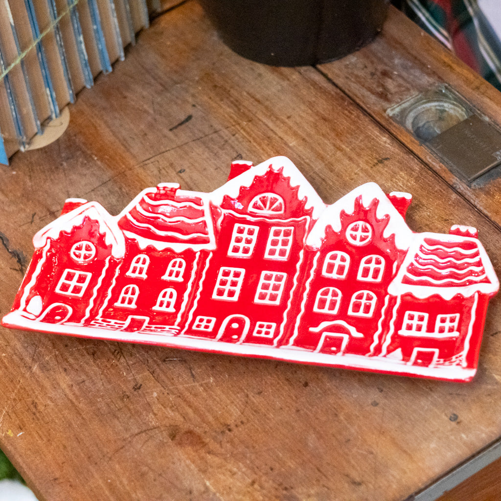 Ceramic Red White Street with Houses Platter