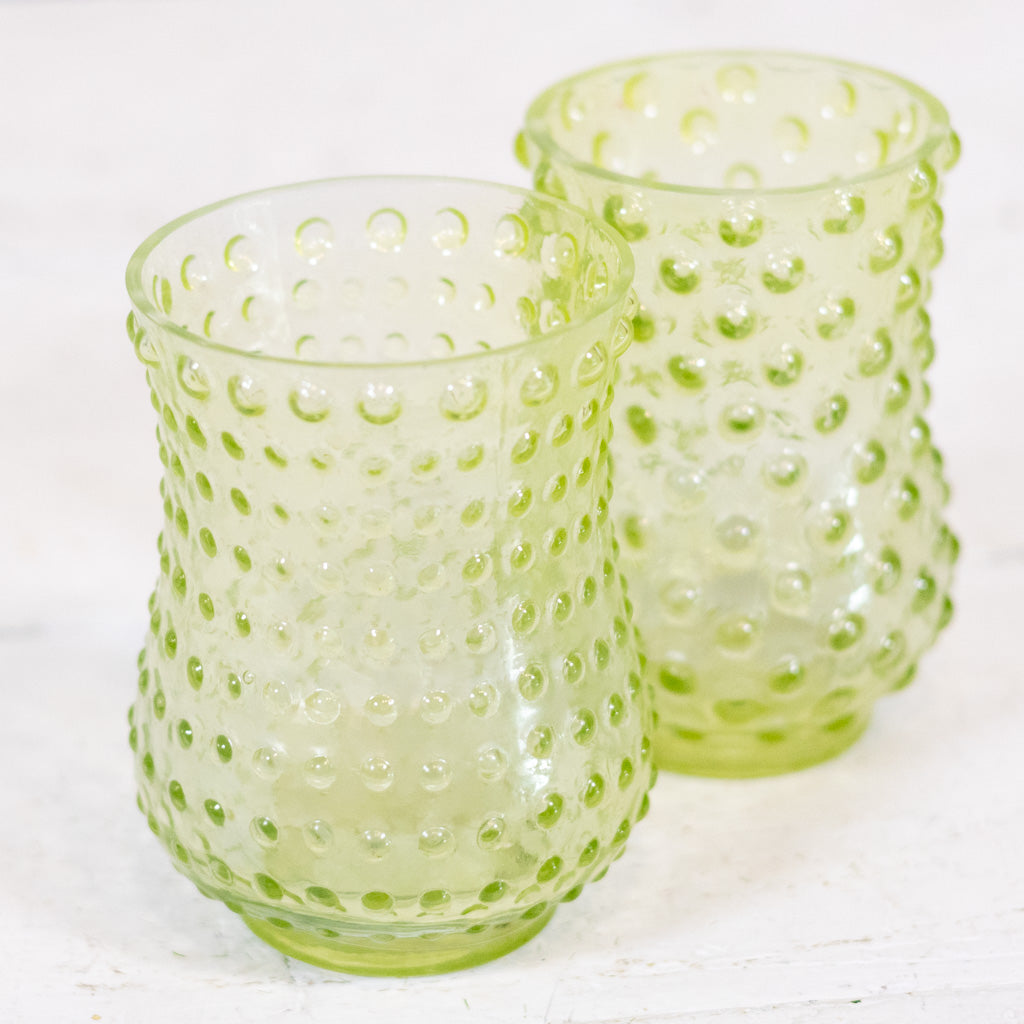 Iridescent Hobnail Green Glass Votive Wide