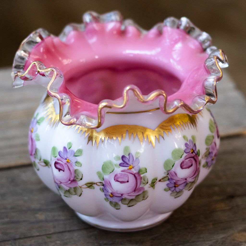 Fenton Pink Glass Ruffled Bowl