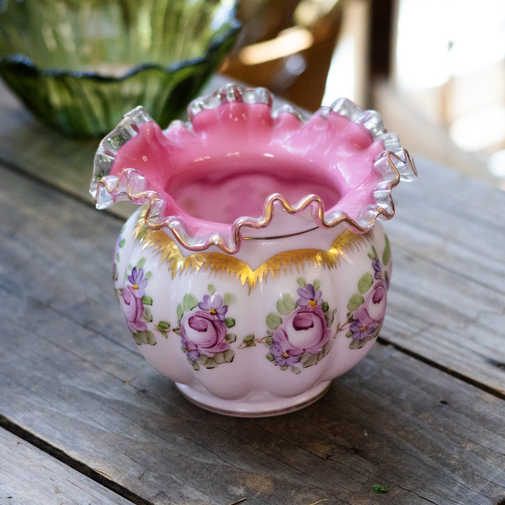 Fenton Pink Glass Ruffled Bowl