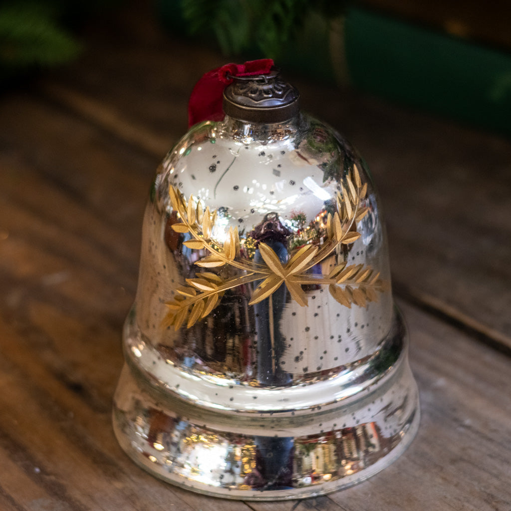 Leaf Etched Mercury Glass Bell Shaped Ornament