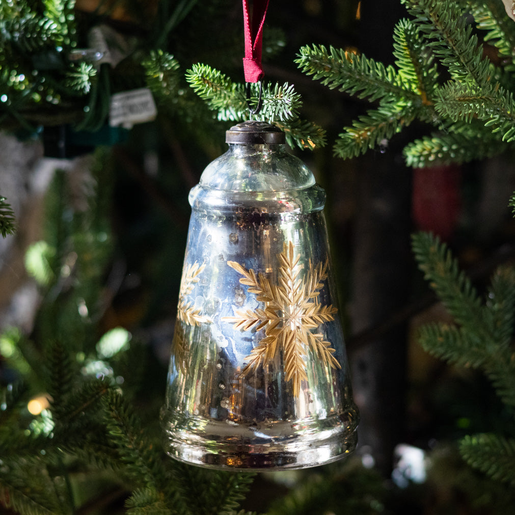 Snowflake Etched Mercury Glass Bell Shaped Ornament