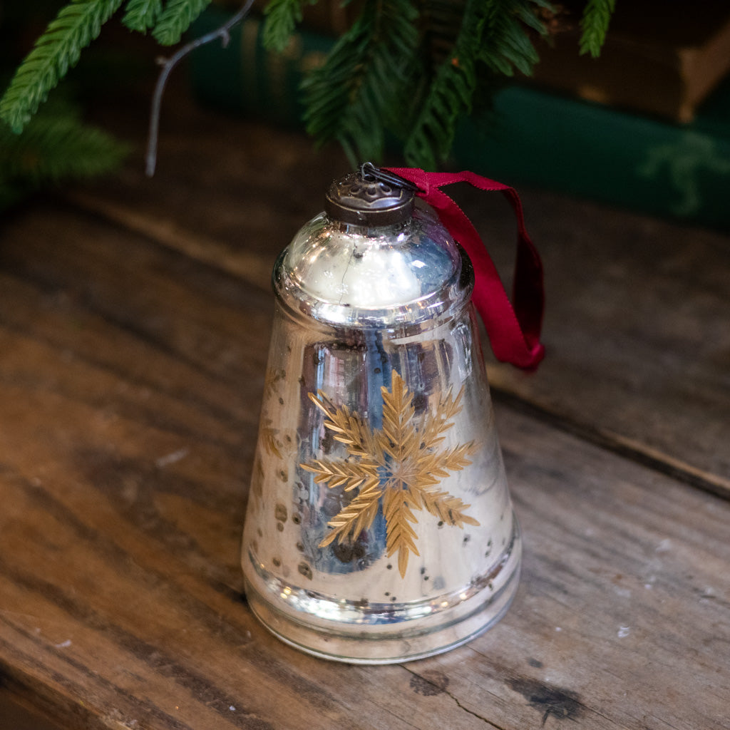 Snowflake Etched Mercury Glass Bell Shaped Ornament