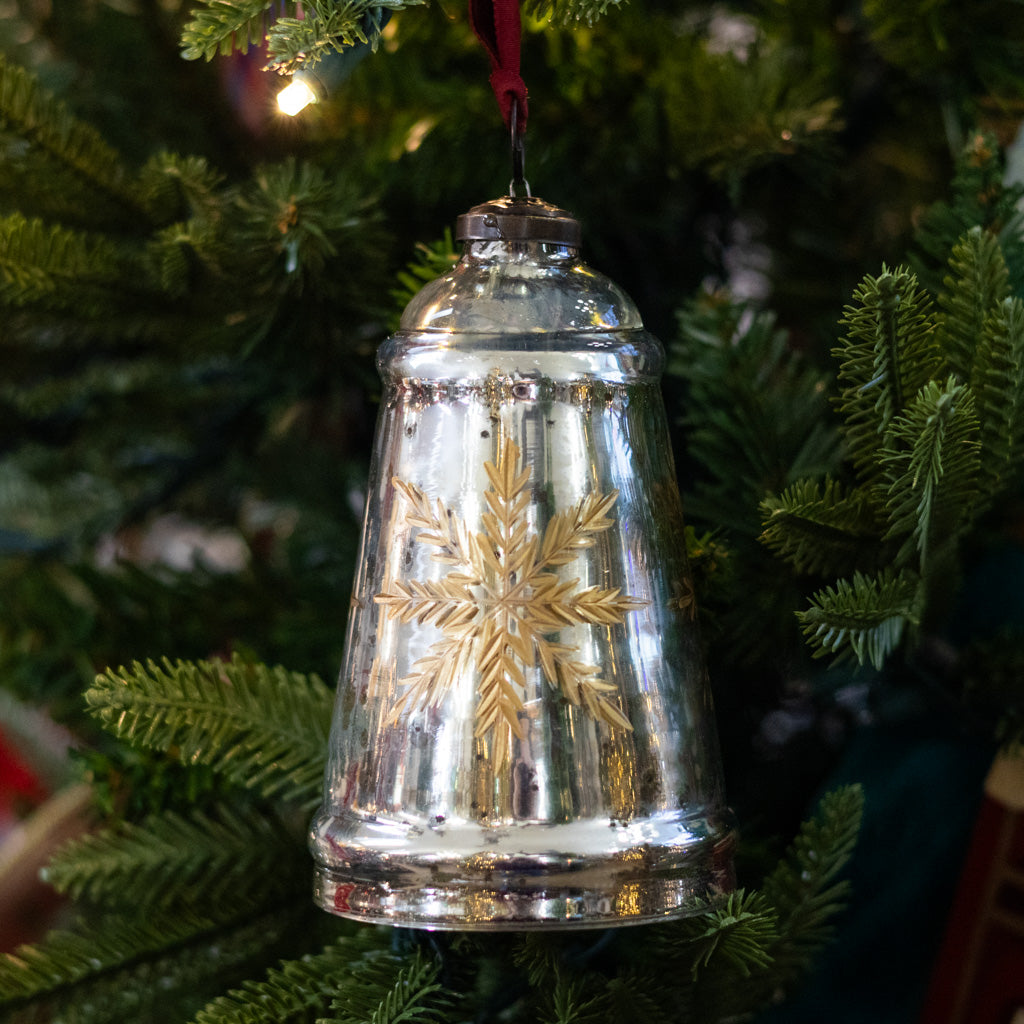 Snowflake Etched Mercury Glass Bell Shaped Ornament