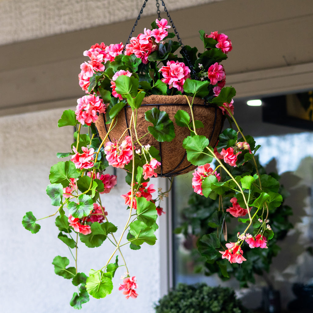 artificial hanging plants with basket UV Salmon Geranium Hanging Basket
