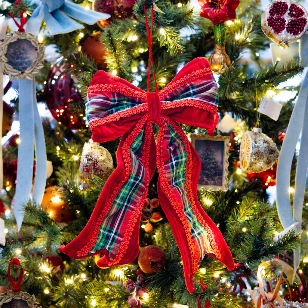 Fabric Bow Ornament with Plaid Pattern Red & Green