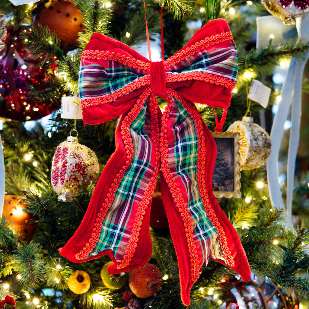 Fabric Bow Ornament with Plaid Pattern Red & Green
