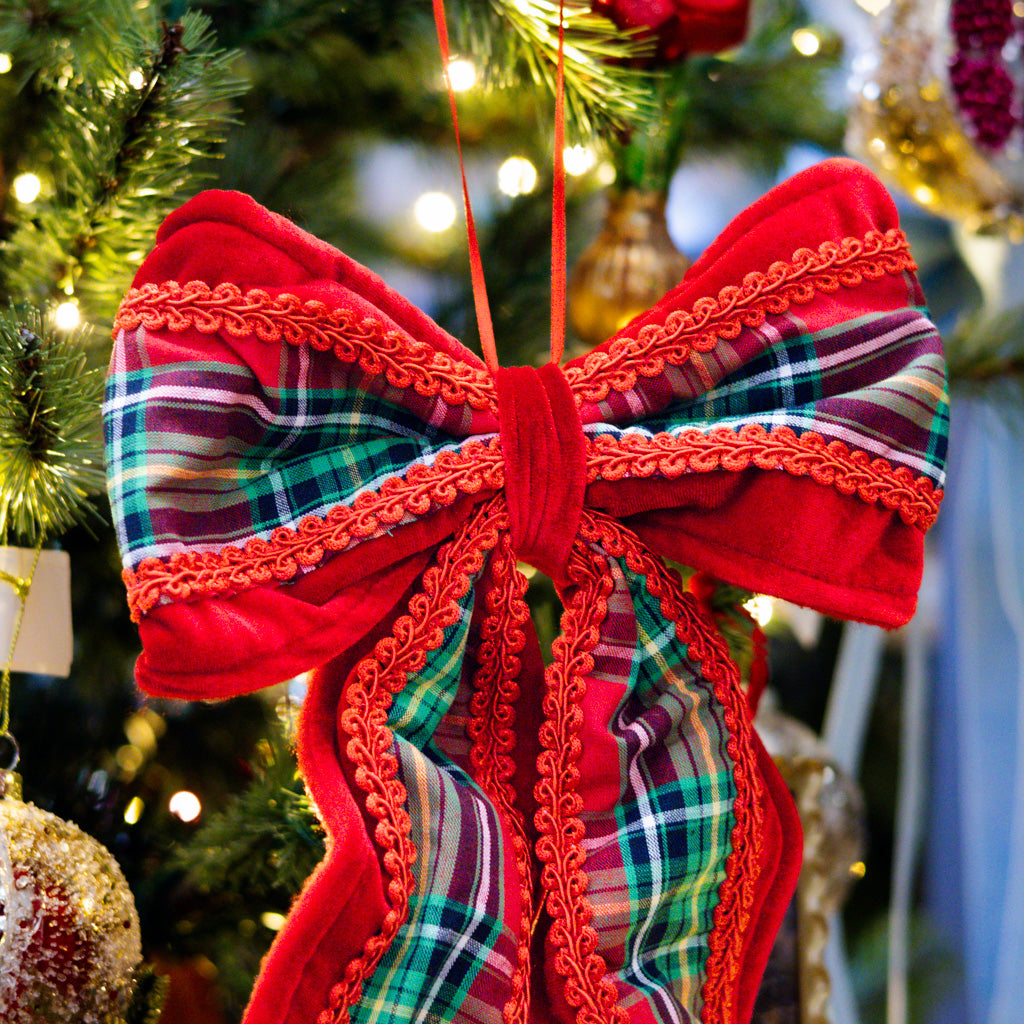 Fabric Bow Ornament with Plaid Pattern Red & Green