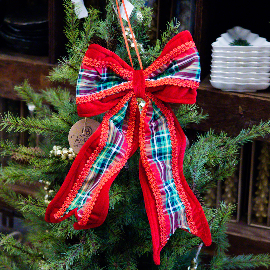 Fabric Bow Ornament with Plaid Pattern Red & Green