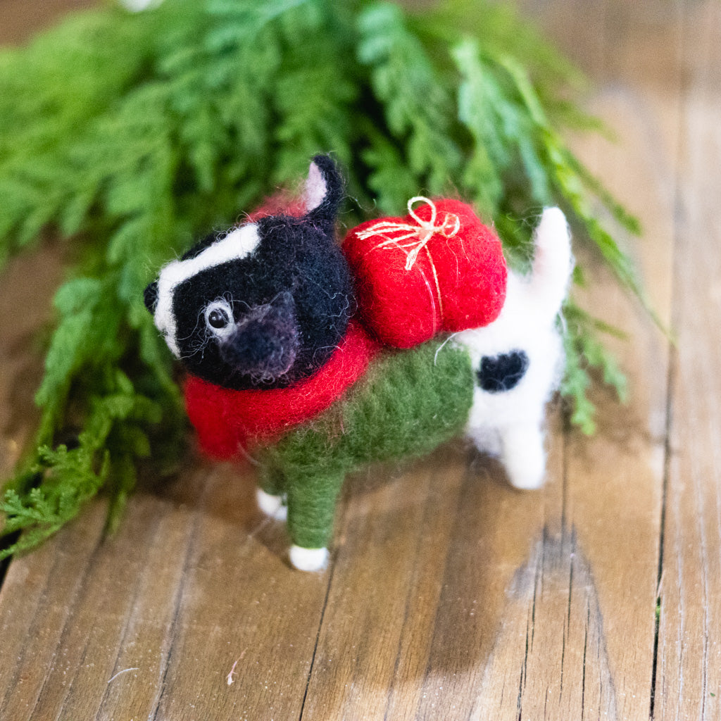 Felt Puppy in Green Outfit with Scarf and Present Ornament