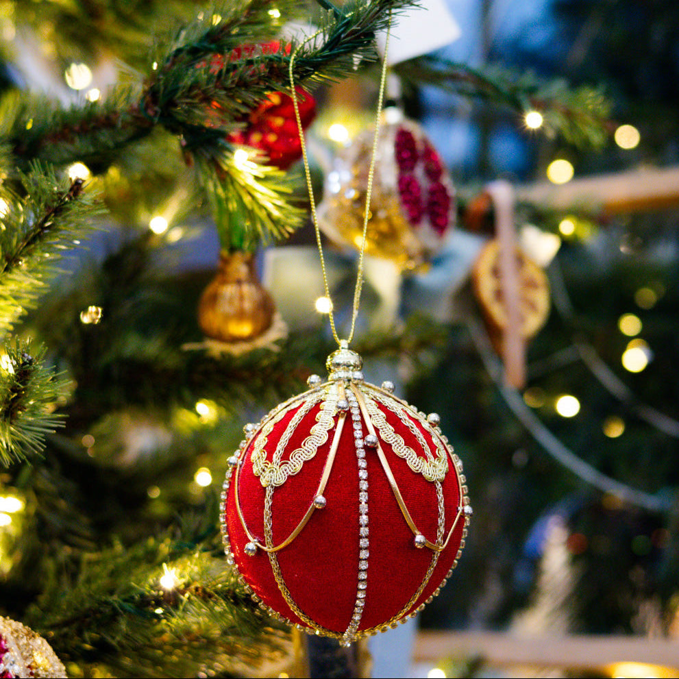 Beaded Red Gold Velvet Ball Ornament
