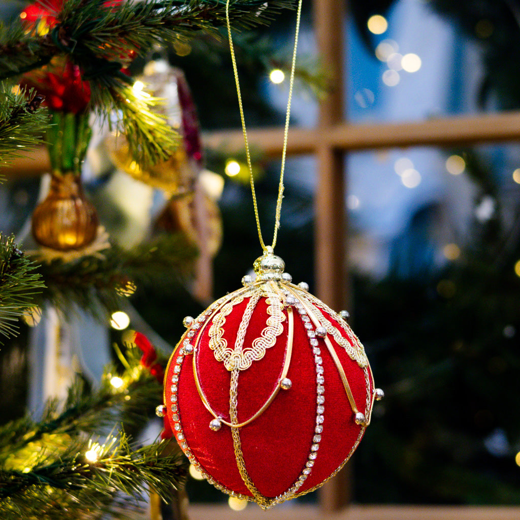 Beaded Red Gold Velvet Ball Ornament