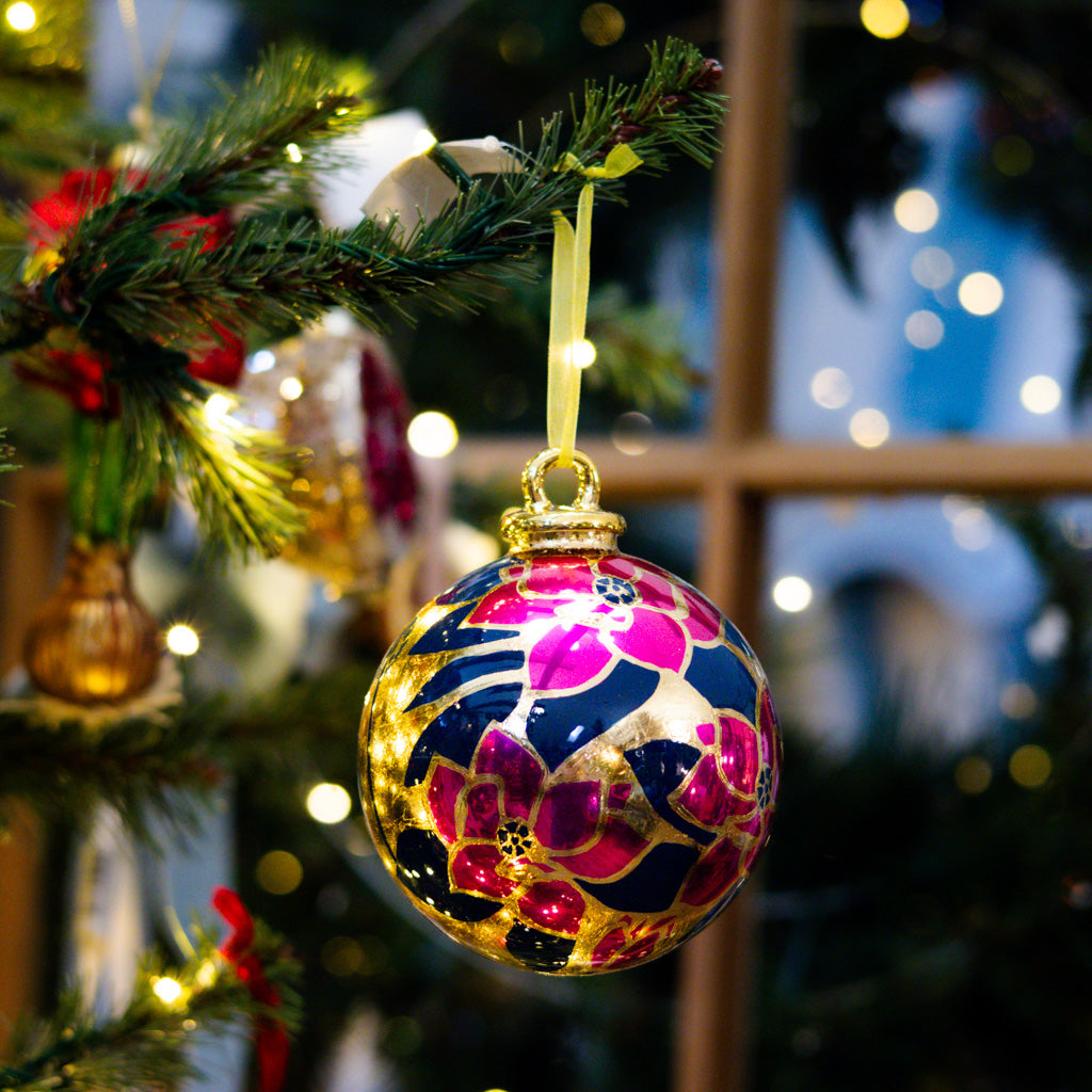 Navy and Fuchsia Floral Ball Ornament