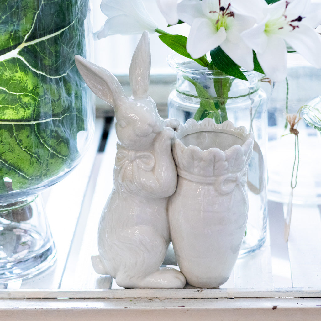 Antiqued White Dolomite Carrot Vase with Rabbit