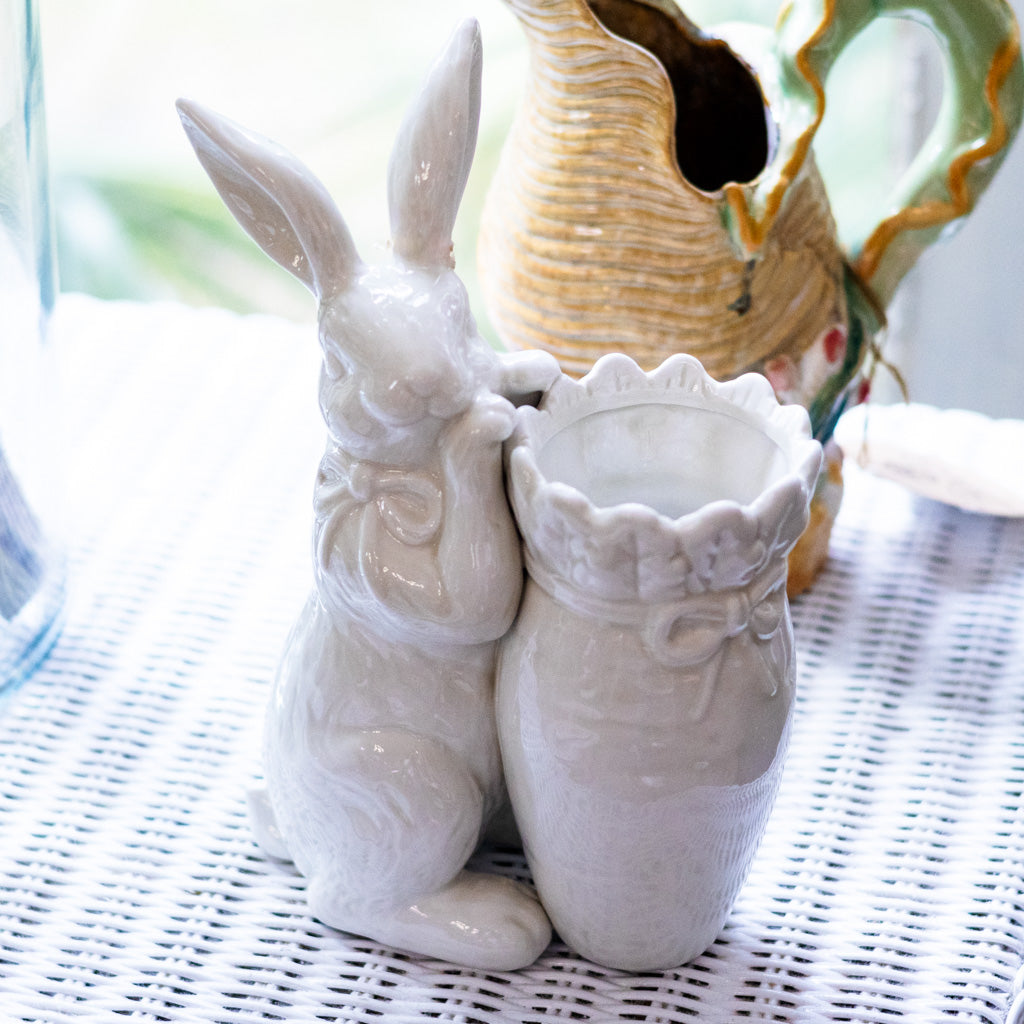 Antiqued White Dolomite Carrot Vase with Rabbit