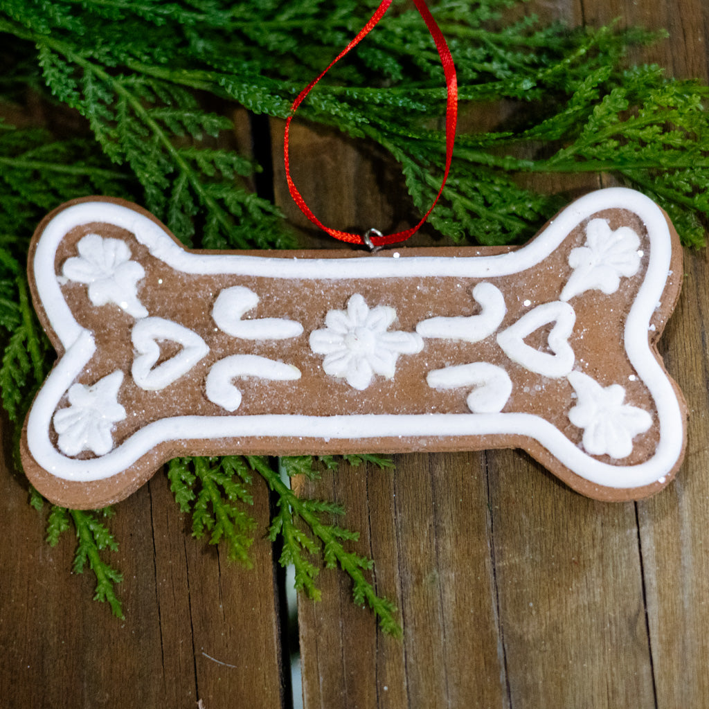 Gingerbread Dog Bone with Flowers Ornament