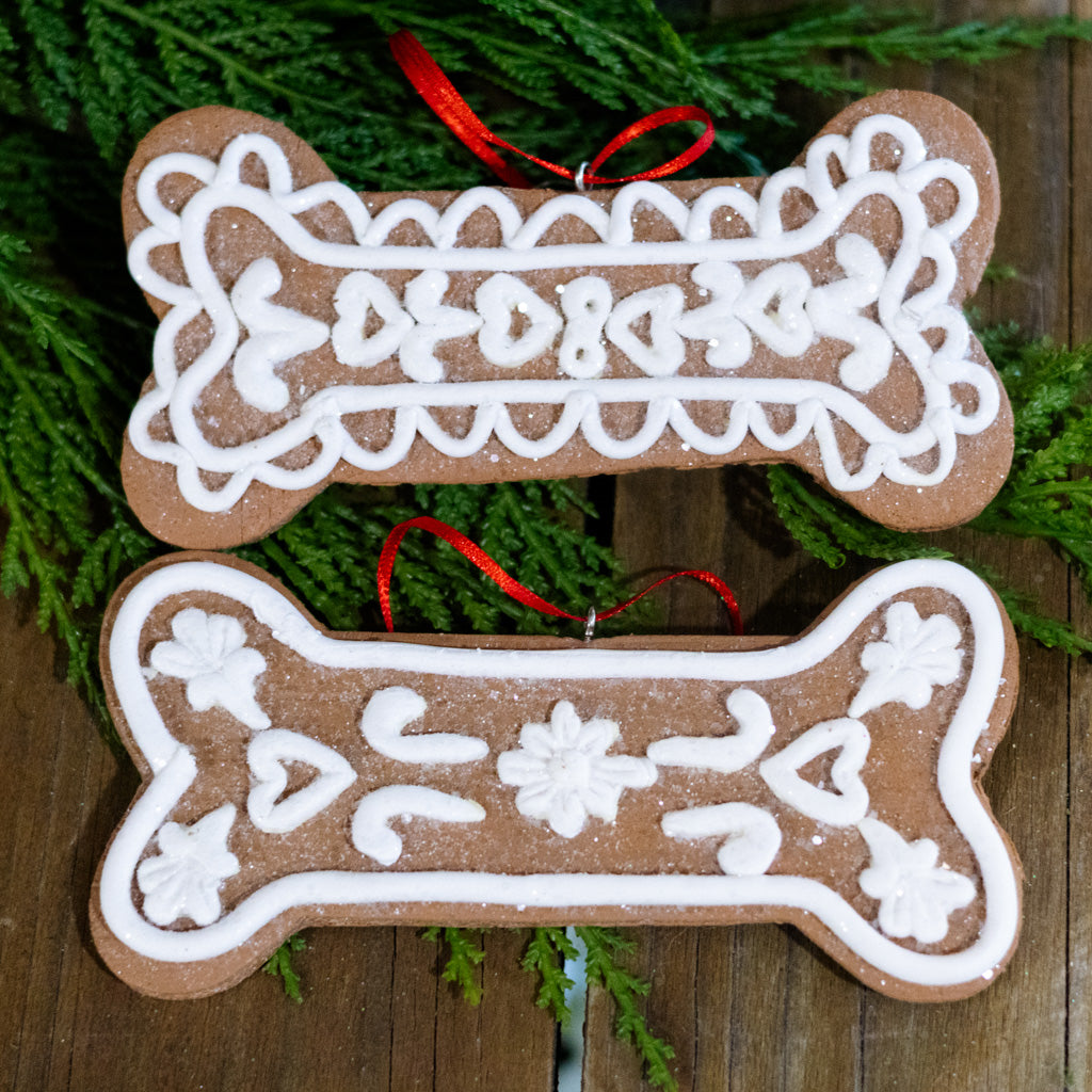 Gingerbread Dog Bone with Hearts Ornament