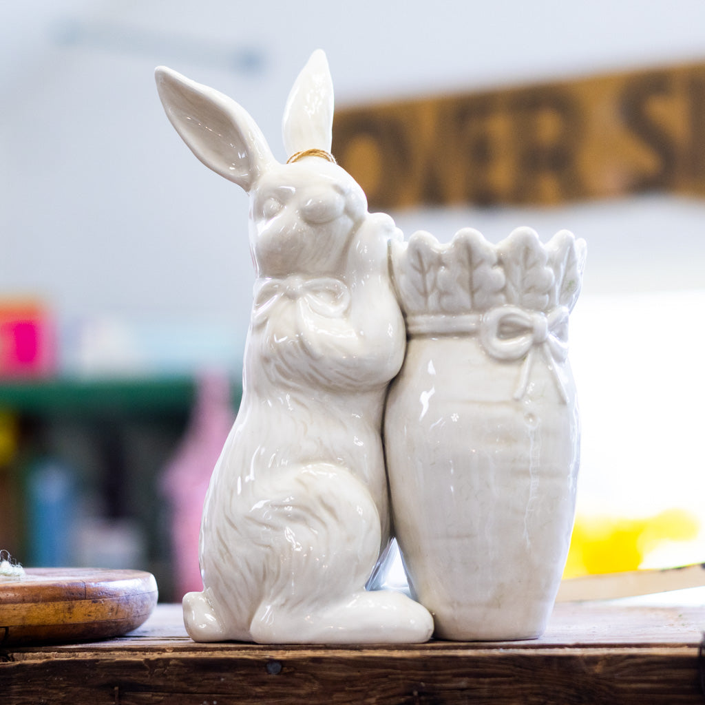 Antiqued White Dolomite Carrot Vase with Rabbit