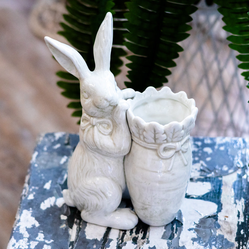 Antiqued White Dolomite Carrot Vase with Rabbit