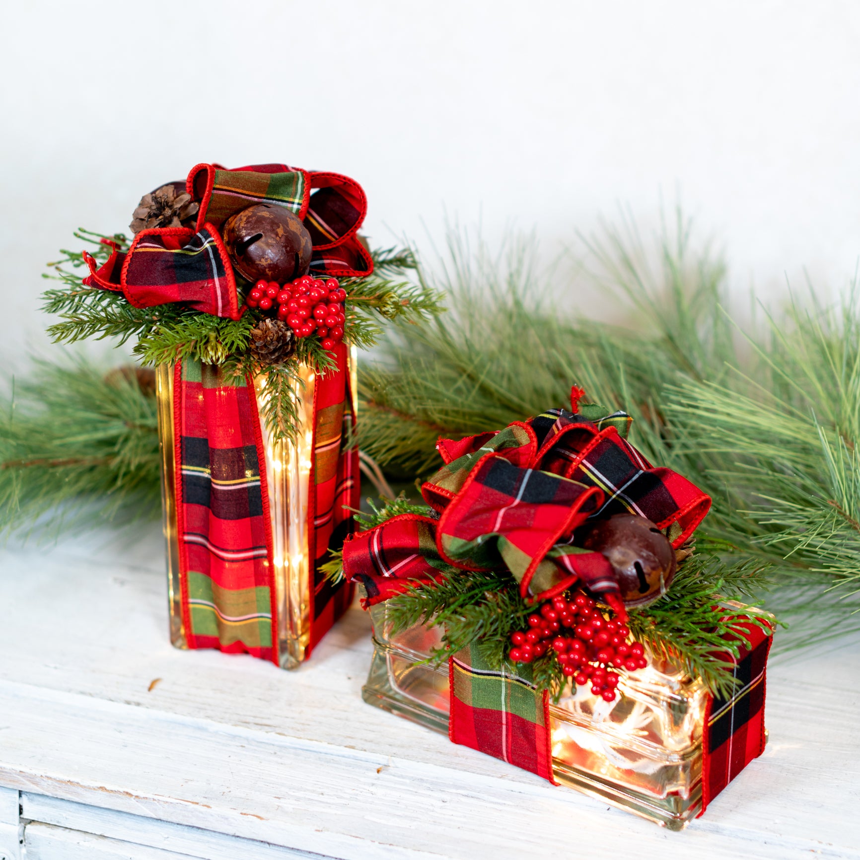 Battery Operated Red & Green Plaid Jingle Bell Horizontal Light Block