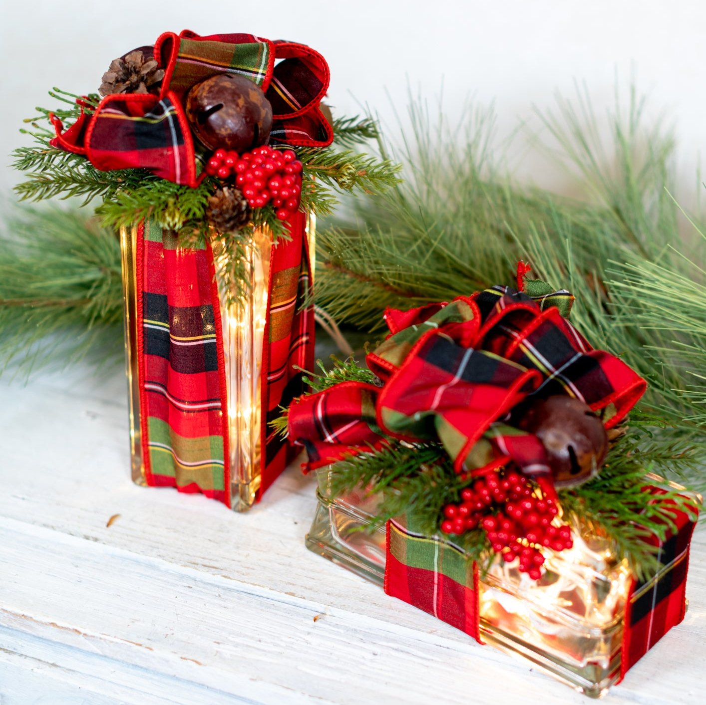 Battery Operated Red & Green Plaid Jingle Bell Vertical Light Block