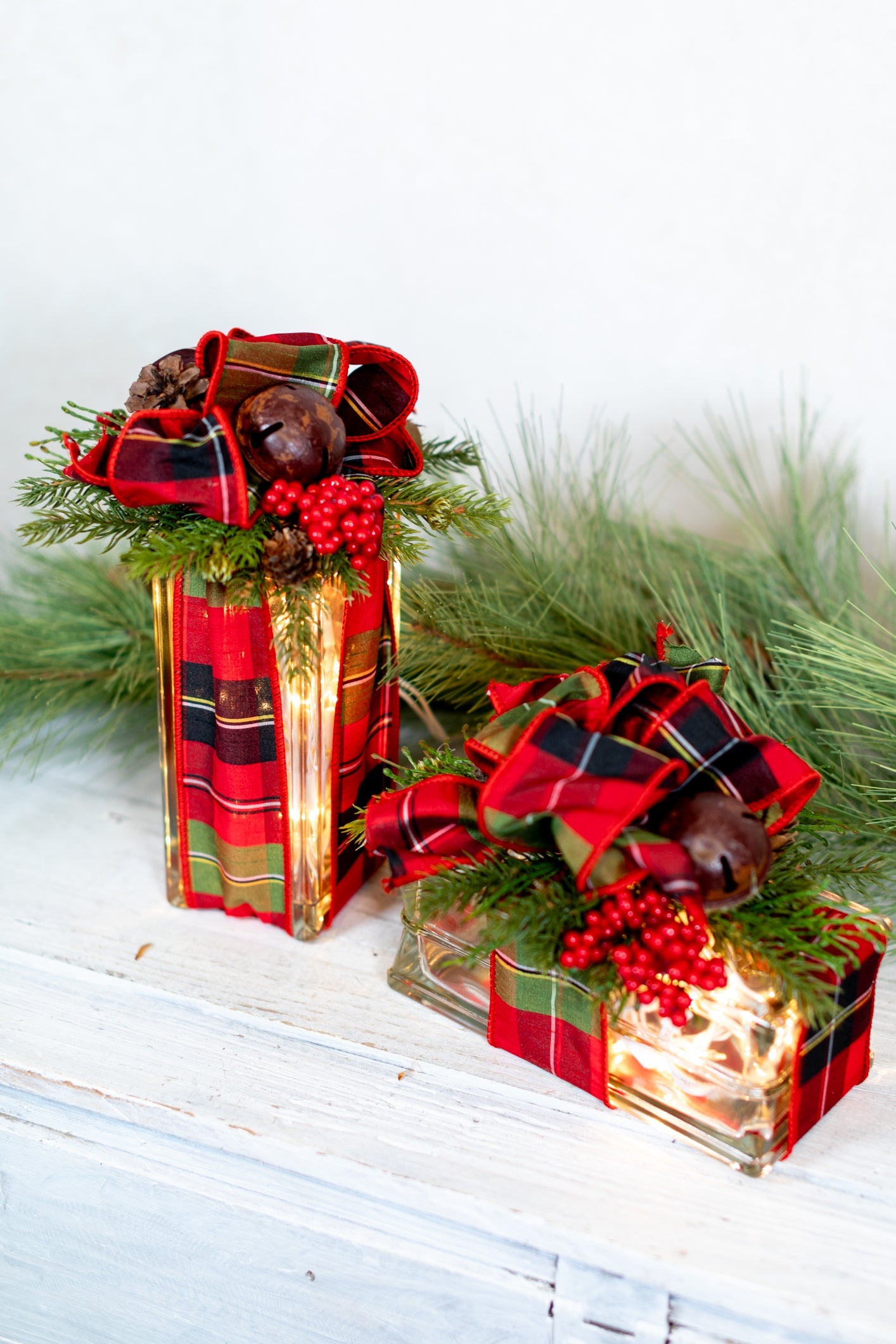 Battery Operated Red & Green Plaid Jingle Bell Horizontal Light Block