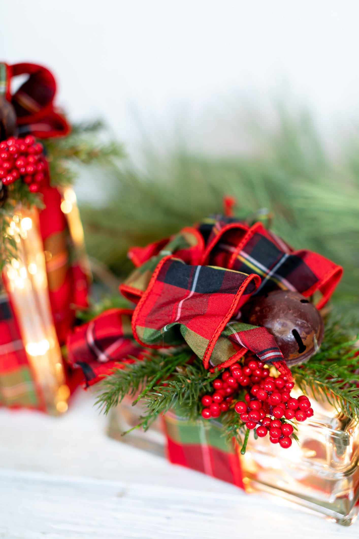 Battery Operated Red & Green Plaid Jingle Bell Horizontal Light Block