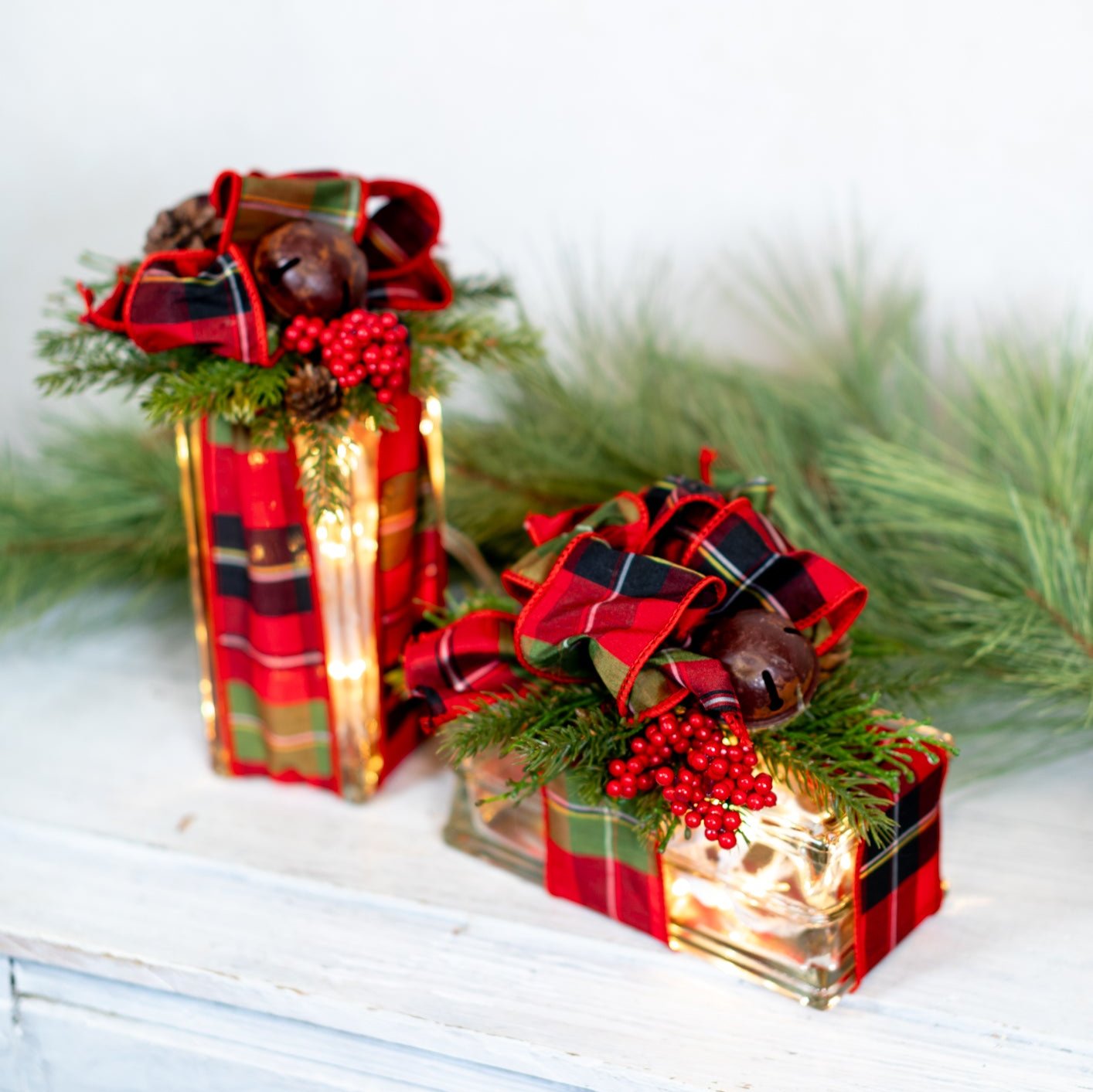 Battery Operated Red & Green Plaid Jingle Bell Horizontal Light Block