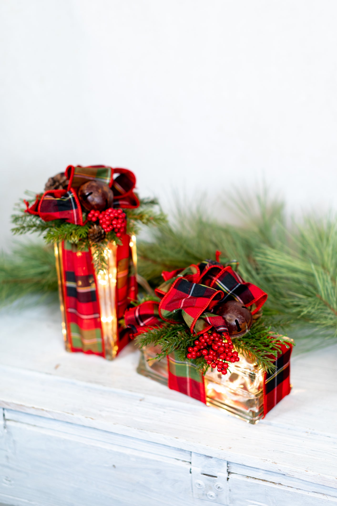 Battery Operated Red & Green Plaid Jingle Bell Vertical Light Block