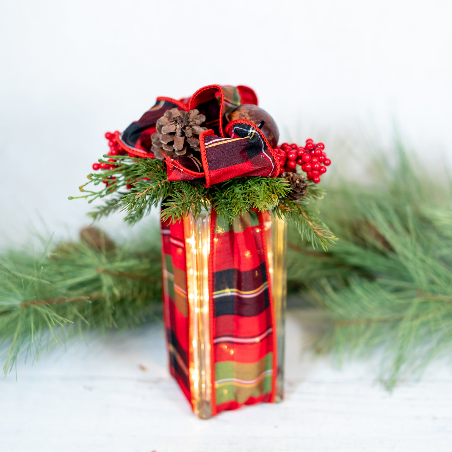 Battery Operated Red & Green Plaid Jingle Bell Vertical Light Block